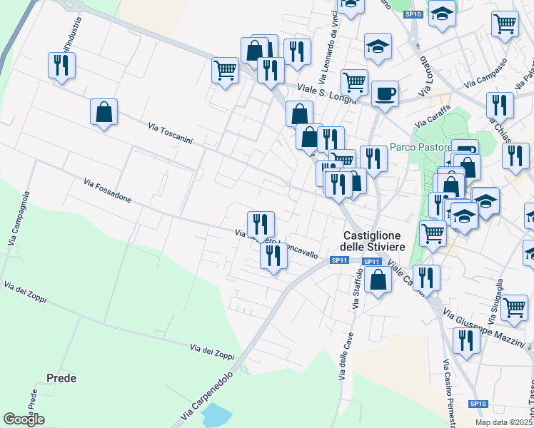 map of restaurants, bars, coffee shops, grocery stores, and more near 11 Via Amilcare Ponchielli in Castiglione delle Stiviere