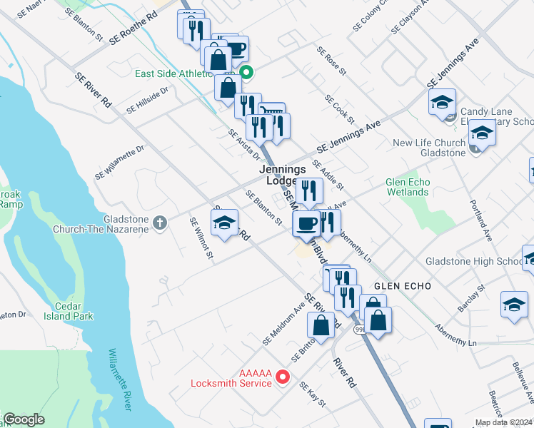 map of restaurants, bars, coffee shops, grocery stores, and more near 18445 Southeast Blanton Street in Portland