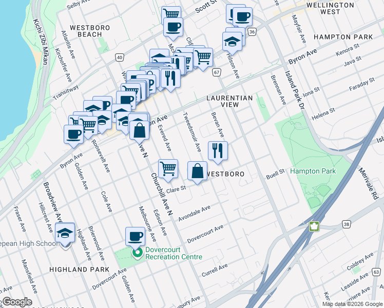 map of restaurants, bars, coffee shops, grocery stores, and more near in Ottawa