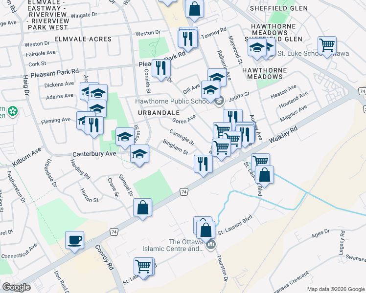 map of restaurants, bars, coffee shops, grocery stores, and more near 2201 Bingham Street in Ottawa