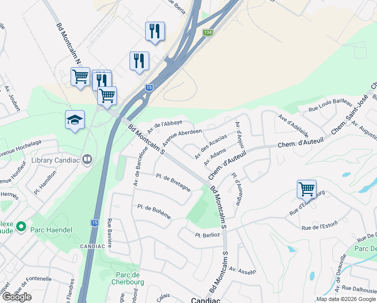 map of restaurants, bars, coffee shops, grocery stores, and more near 14 Avenue des Acacias in Candiac