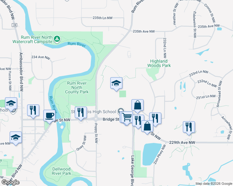 map of restaurants, bars, coffee shops, grocery stores, and more near 3325 Bridge Street Northwest in Saint Francis