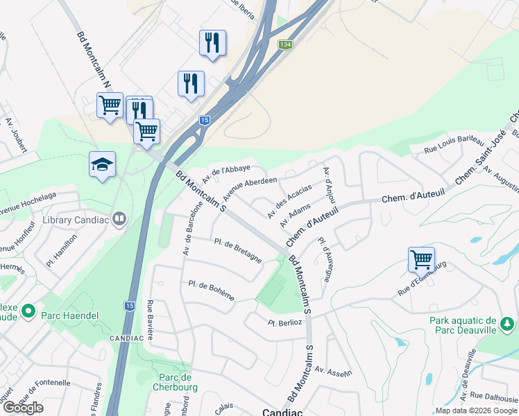 map of restaurants, bars, coffee shops, grocery stores, and more near 14 Avenue des Acacias in Candiac