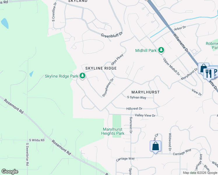 map of restaurants, bars, coffee shops, grocery stores, and more near 1500 Braemar Court in West Linn