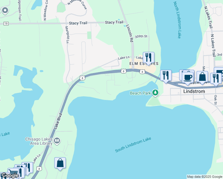 map of restaurants, bars, coffee shops, grocery stores, and more near 30455 Lehigh Avenue in Lindstrom