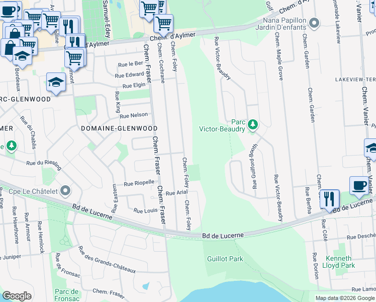 map of restaurants, bars, coffee shops, grocery stores, and more near 111 Chemin Foley in Gatineau