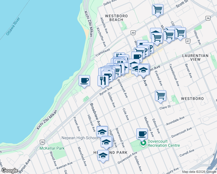 map of restaurants, bars, coffee shops, grocery stores, and more near 401 Golden Avenue in Ottawa