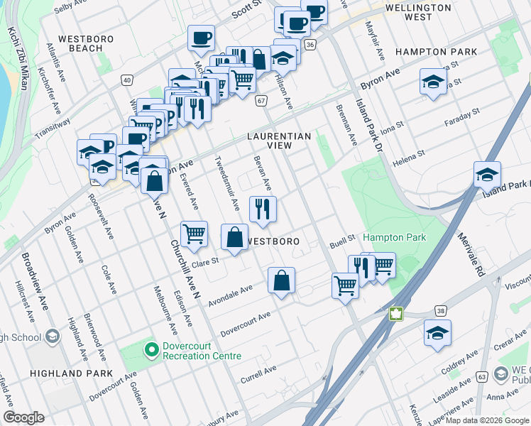 map of restaurants, bars, coffee shops, grocery stores, and more near 320 Iona Street in Ottawa
