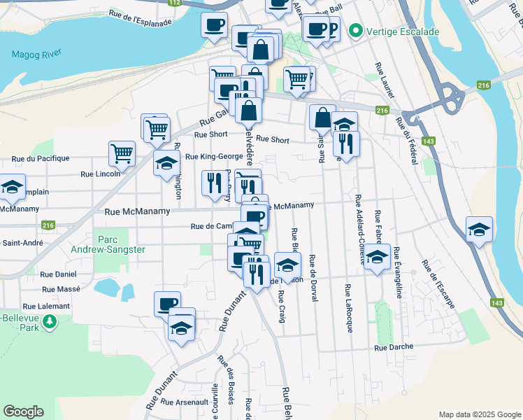 map of restaurants, bars, coffee shops, grocery stores, and more near 592 Rue McManamy in Sherbrooke