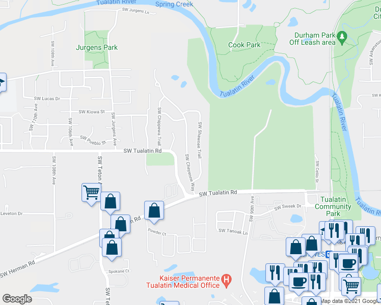map of restaurants, bars, coffee shops, grocery stores, and more near 18030 Southwest Cheyenne Way in Tualatin