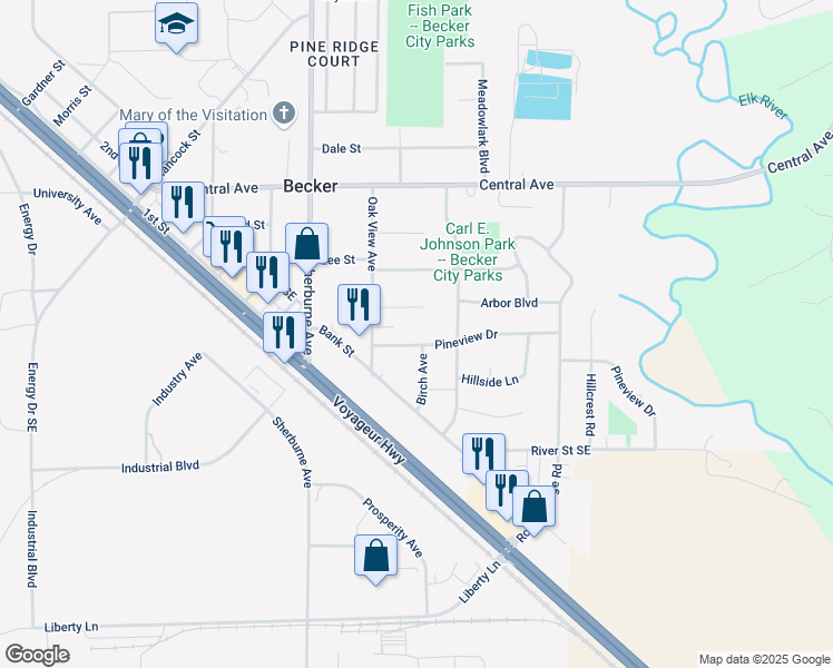 map of restaurants, bars, coffee shops, grocery stores, and more near 14235 Ash Boulevard in Becker