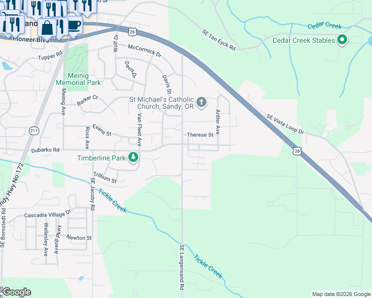 map of restaurants, bars, coffee shops, grocery stores, and more near 40311 Therese Street in Sandy
