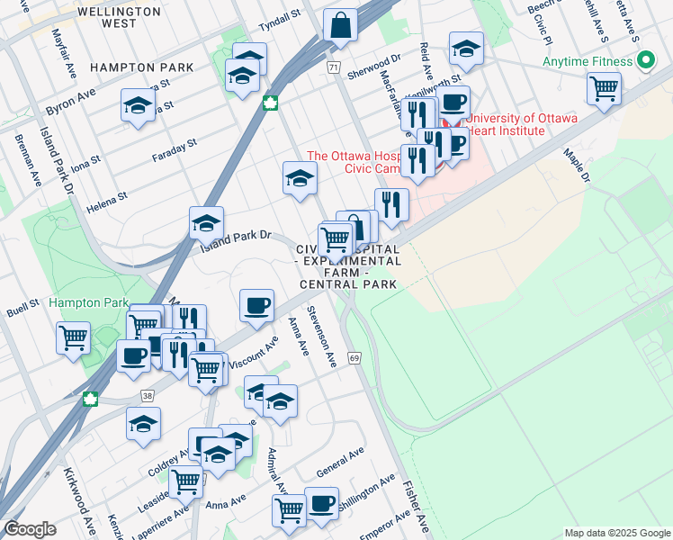 map of restaurants, bars, coffee shops, grocery stores, and more near in Ottawa