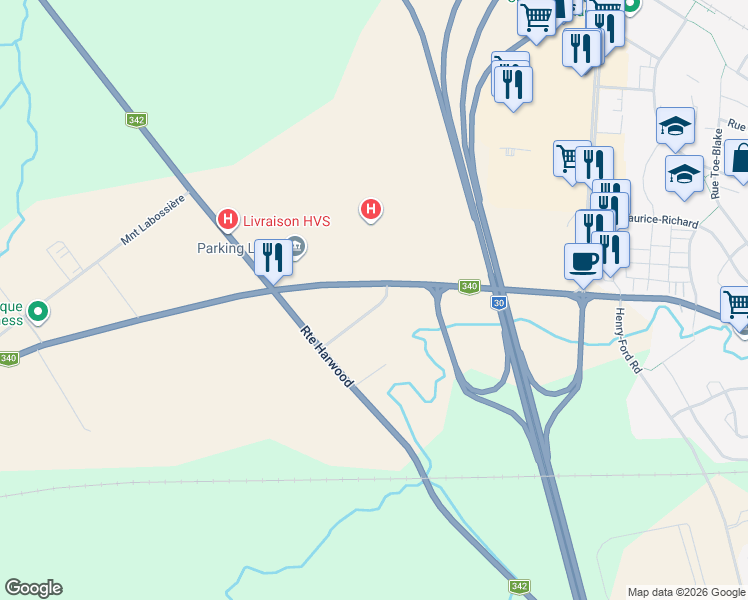 map of restaurants, bars, coffee shops, grocery stores, and more near 2540 Chemin de la Petite Rivière in Vaudreuil-Dorion