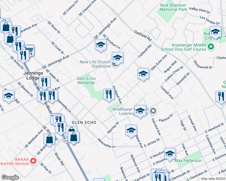 map of restaurants, bars, coffee shops, grocery stores, and more near 18245 Portland Avenue in Gladstone