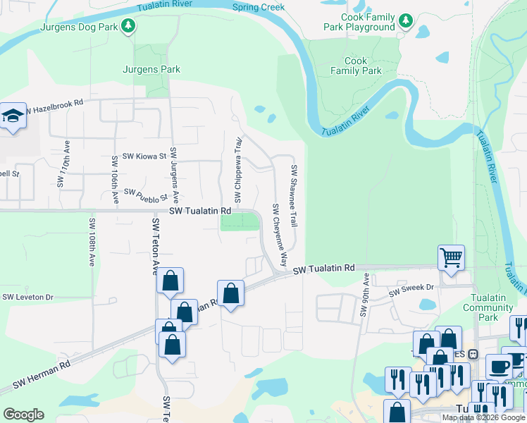 map of restaurants, bars, coffee shops, grocery stores, and more near 17965 Southwest Sioux Court in Tualatin