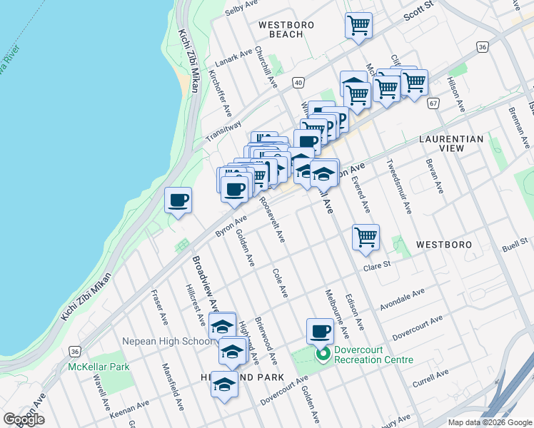 map of restaurants, bars, coffee shops, grocery stores, and more near 436 Roosevelt Avenue in Ottawa