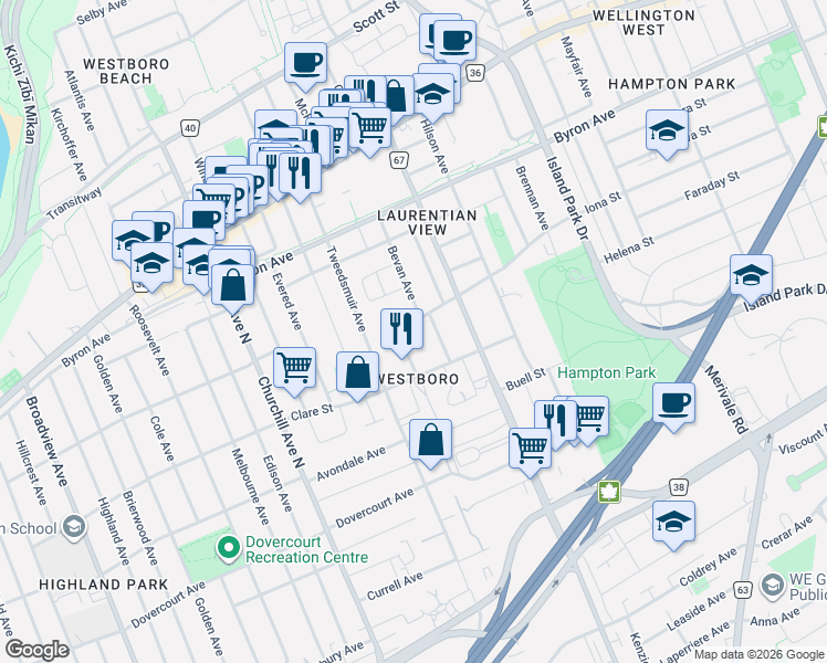 map of restaurants, bars, coffee shops, grocery stores, and more near 312 Iona Street in Ottawa