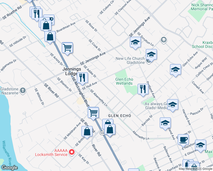 map of restaurants, bars, coffee shops, grocery stores, and more near 18500 Southeast Addie Street in Milwaukie