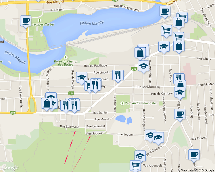 map of restaurants, bars, coffee shops, grocery stores, and more near 1220 McManamy Street in Sherbrooke