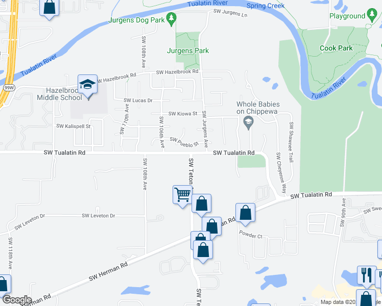 map of restaurants, bars, coffee shops, grocery stores, and more near Southwest Tualatin Road in Tualatin