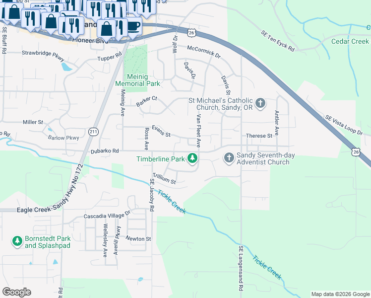 map of restaurants, bars, coffee shops, grocery stores, and more near 39784 Syblon Lane in Sandy