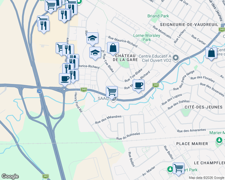 map of restaurants, bars, coffee shops, grocery stores, and more near 151 Rue Jacques-Plante in Vaudreuil-Dorion