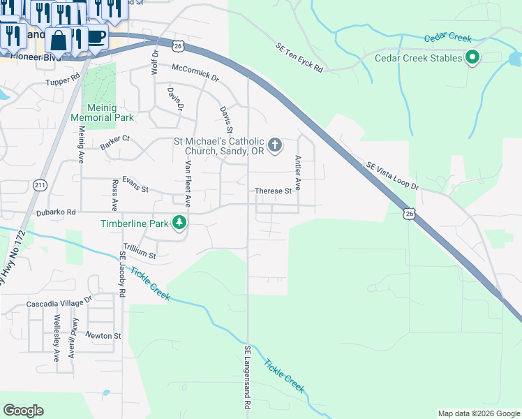 map of restaurants, bars, coffee shops, grocery stores, and more near 40327 Dubarko Road in Sandy