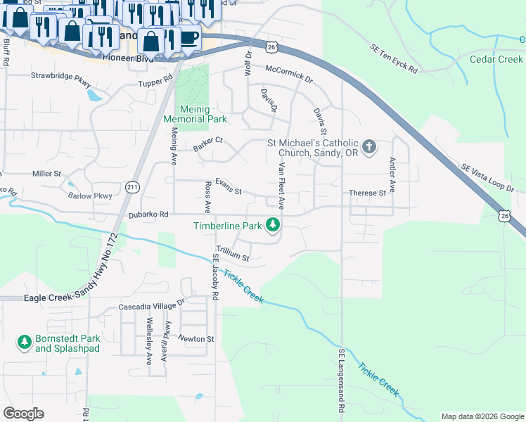 map of restaurants, bars, coffee shops, grocery stores, and more near 39820 Syblon Lane in Sandy
