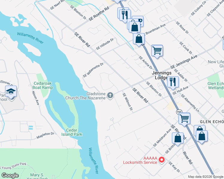 map of restaurants, bars, coffee shops, grocery stores, and more near 4015 Southeast Faith Avenue in Milwaukie