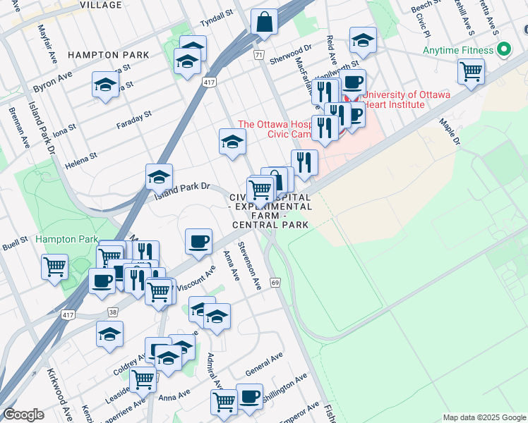 map of restaurants, bars, coffee shops, grocery stores, and more near in Ottawa