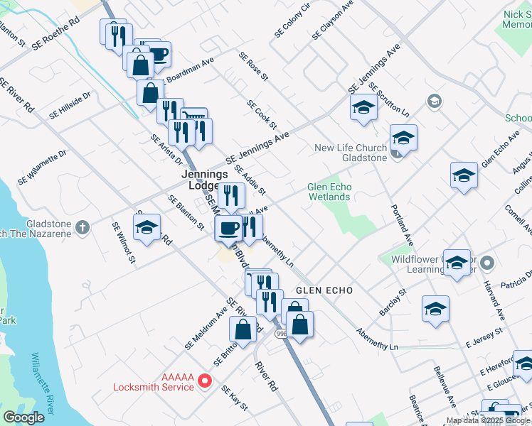map of restaurants, bars, coffee shops, grocery stores, and more near 5240 Southeast Hull Avenue in Milwaukie