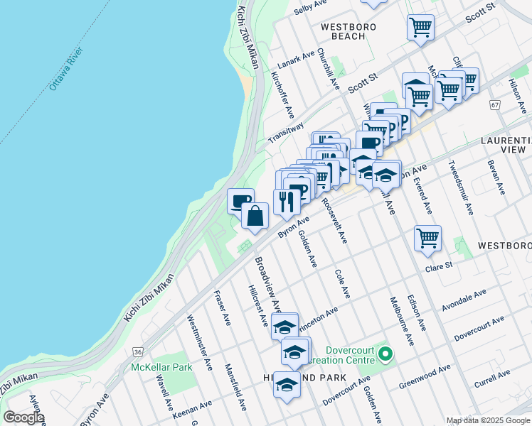 map of restaurants, bars, coffee shops, grocery stores, and more near in Ottawa