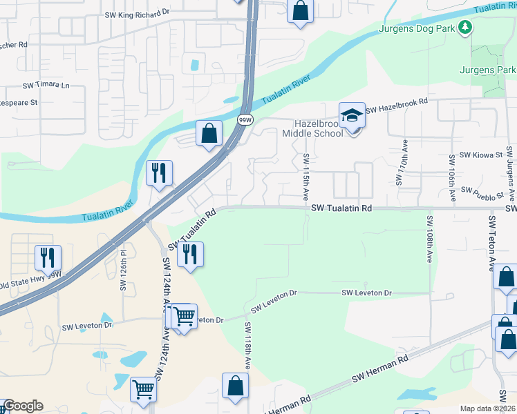 map of restaurants, bars, coffee shops, grocery stores, and more near 12053 Southwest Tualatin Road in Tualatin