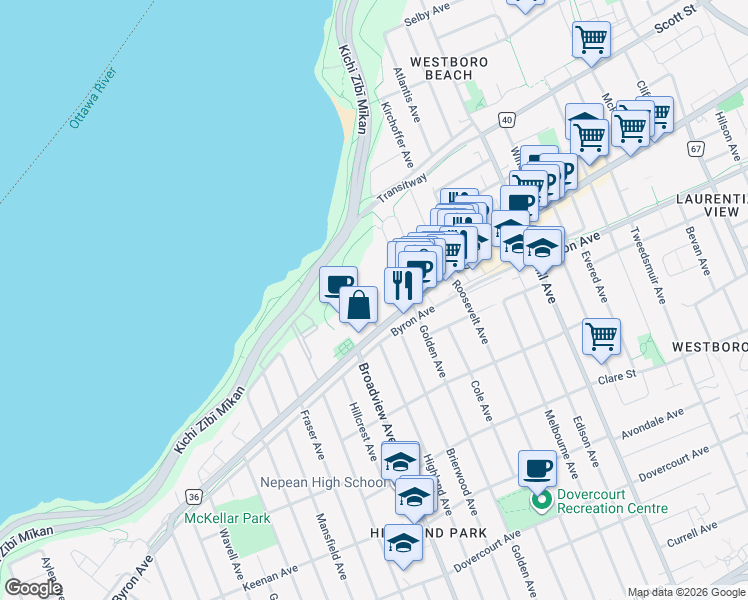 map of restaurants, bars, coffee shops, grocery stores, and more near in Ottawa