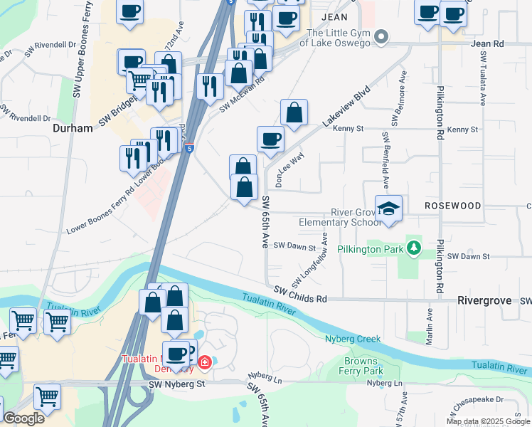 map of restaurants, bars, coffee shops, grocery stores, and more near 16825 Southwest 65th Avenue in Lake Oswego