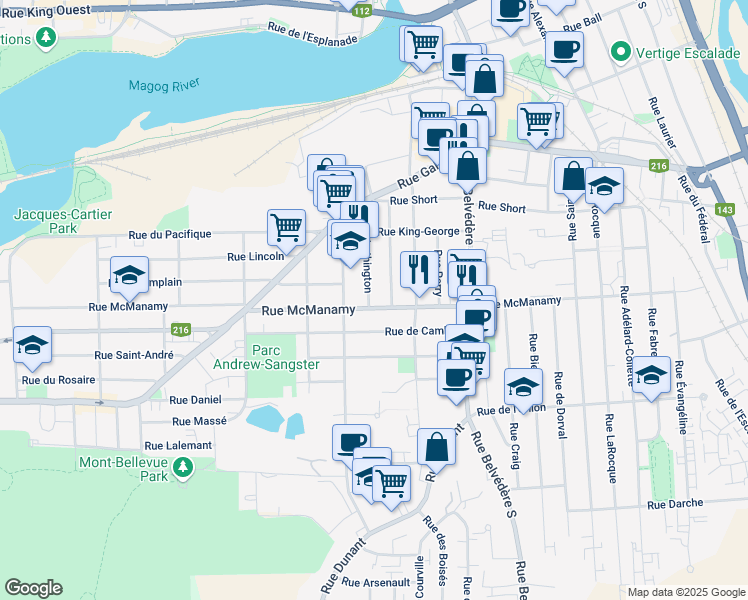map of restaurants, bars, coffee shops, grocery stores, and more near 1088 Rue Worthington in Sherbrooke