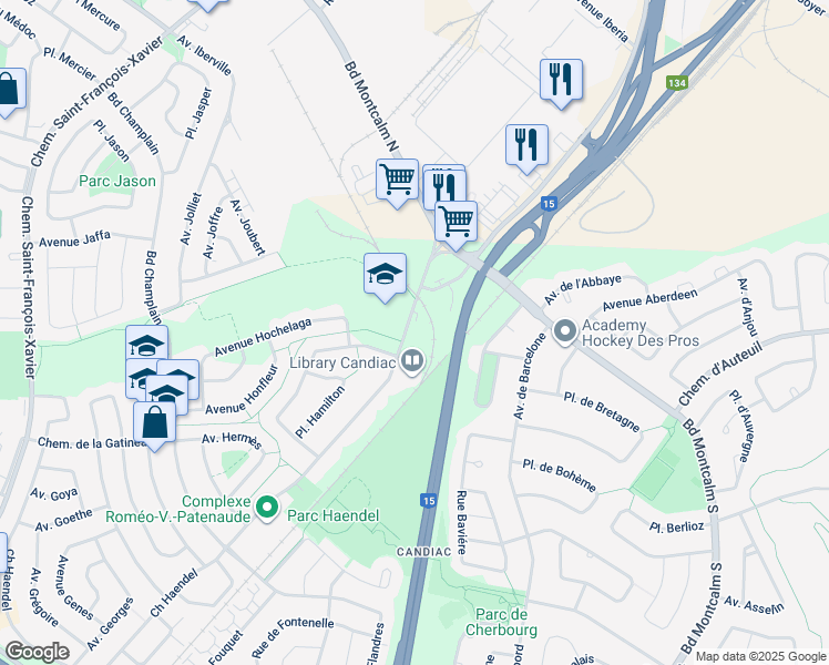 map of restaurants, bars, coffee shops, grocery stores, and more near 35 Chemin Haendel in Candiac
