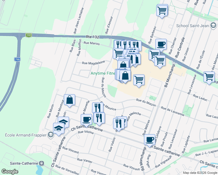 map of restaurants, bars, coffee shops, grocery stores, and more near 66 Rue du Maçon in Saint-Constant