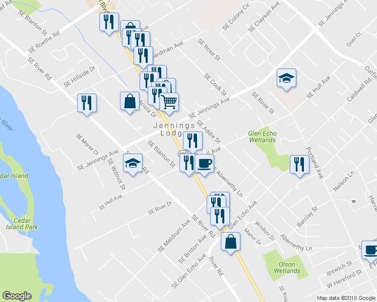 map of restaurants, bars, coffee shops, grocery stores, and more near 18410 Southeast McLoughlin Boulevard in Milwaukie