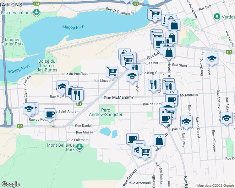 map of restaurants, bars, coffee shops, grocery stores, and more near 1083 Rue Fairmount in Sherbrooke