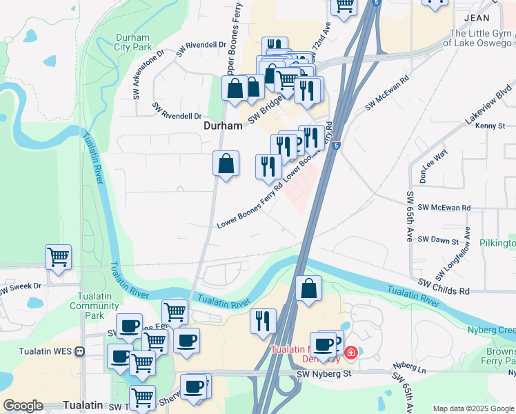 map of restaurants, bars, coffee shops, grocery stores, and more near 18079 Southwest Lower Boones Ferry Road in Portland