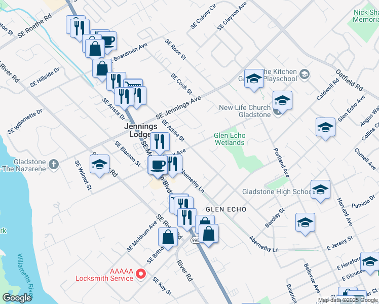 map of restaurants, bars, coffee shops, grocery stores, and more near 5240 Southeast Hull Avenue in Milwaukie