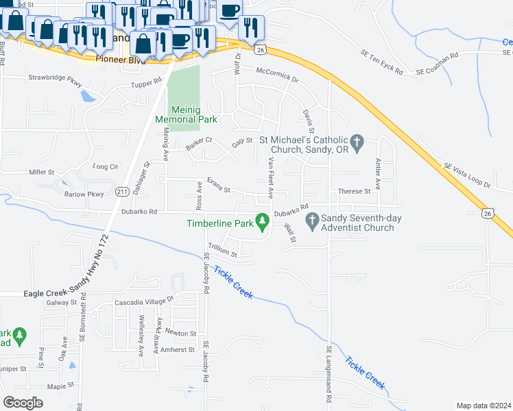map of restaurants, bars, coffee shops, grocery stores, and more near 39820 Syblon Lane in Sandy