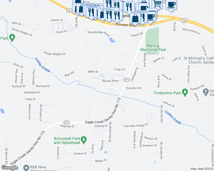 map of restaurants, bars, coffee shops, grocery stores, and more near 38675 Dubarko Road in Sandy