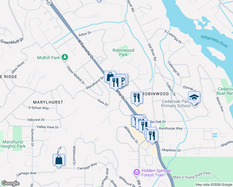 map of restaurants, bars, coffee shops, grocery stores, and more near 18711 Willamette Drive in West Linn
