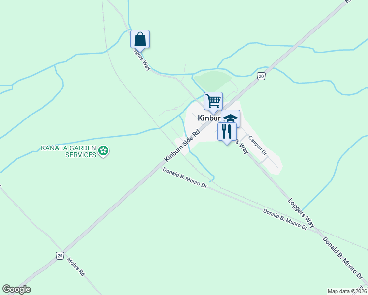 map of restaurants, bars, coffee shops, grocery stores, and more near 3128 Kinburn Side Road in Kinburn