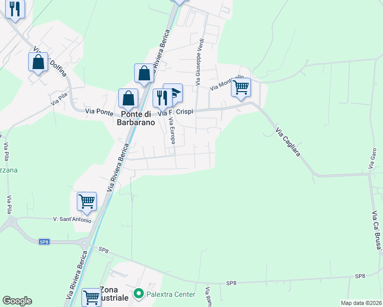 map of restaurants, bars, coffee shops, grocery stores, and more near 25 Via Alcide De Gasperi in Ponte di Barbarano