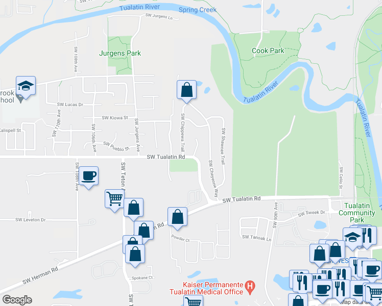 map of restaurants, bars, coffee shops, grocery stores, and more near 17965 Southwest Sioux Court in Tualatin