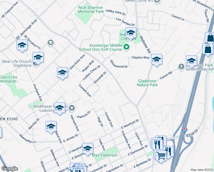 map of restaurants, bars, coffee shops, grocery stores, and more near 575 Barbary Drive in Gladstone